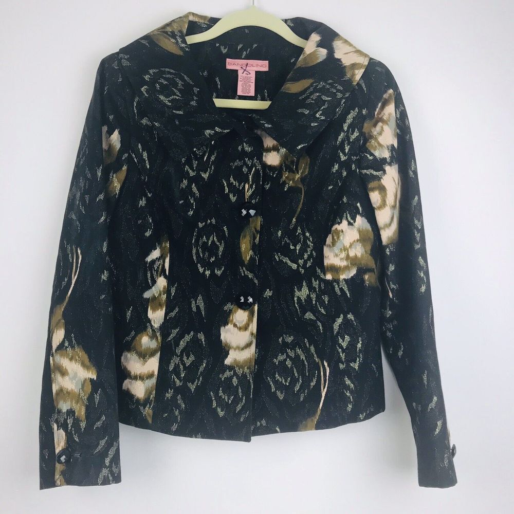 Bandolino Women's Black Gold Floral Shimmer Button Front Jacket Size 6